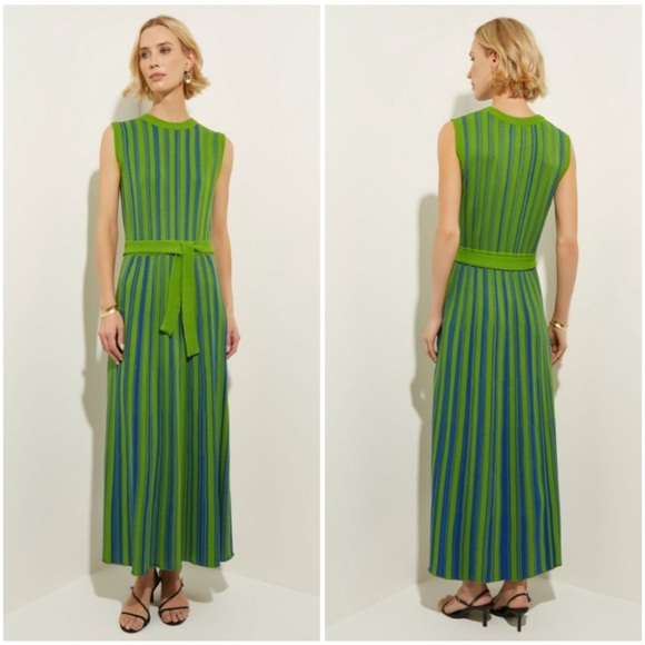 Misook Dresses & Skirts - Misook Sleeveless Soft Ribbed Knit Belted Maxi Dress Green Blue Striped Size XL